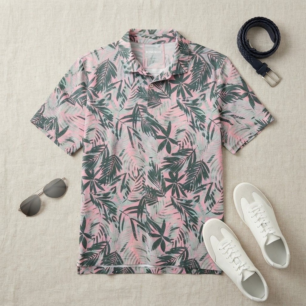 Bonobos Golf Polo Mens L Pink Green Tropical Palm Leaf Slim Fit Summer Preppy